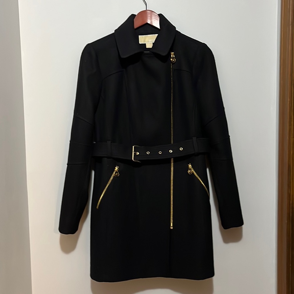 Wool blend zip up belted coat
